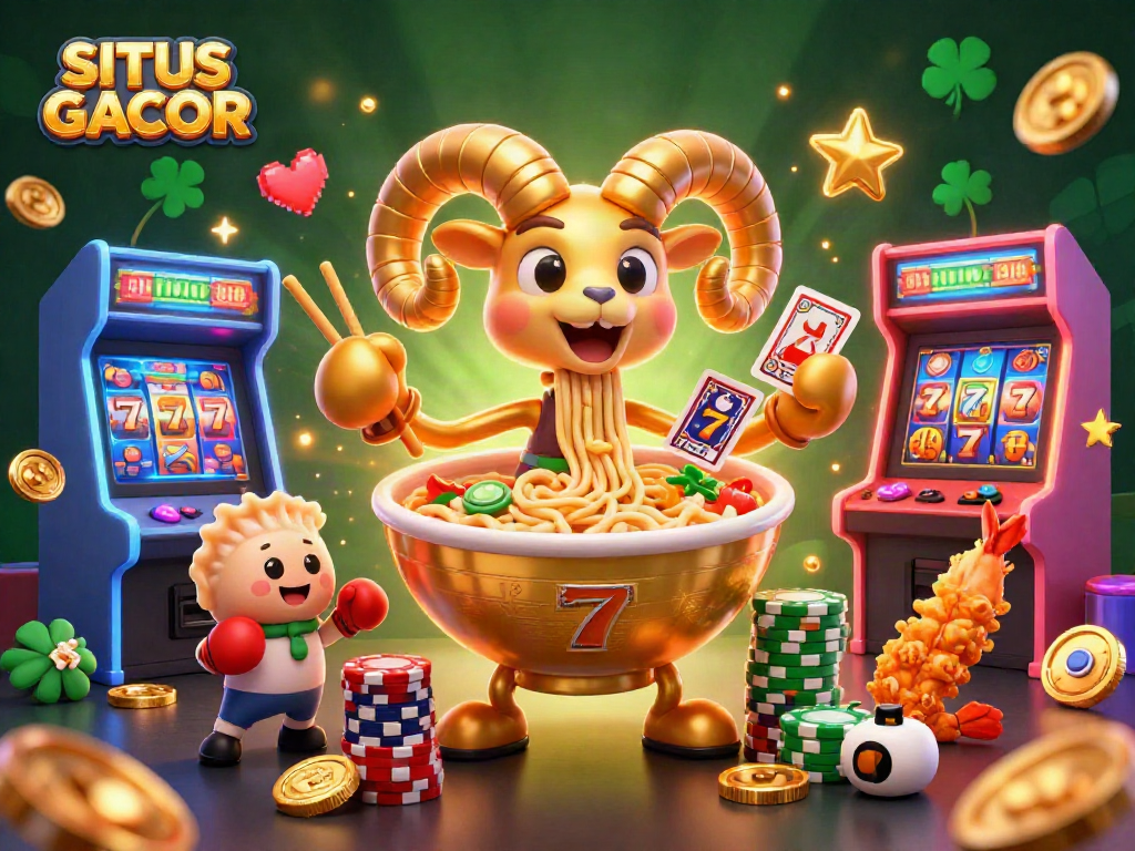 SITUS GACOR showcases a vibrant casino scene with a giant ramen bowl character dealing cards and stacking chips.
