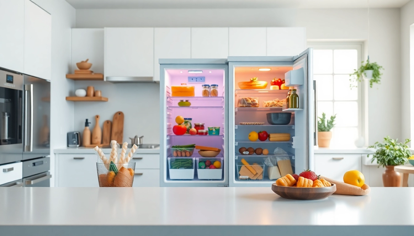 Showcase of an affordable mini fridge and freezer filled with fresh food items in a vibrant kitchen setting.