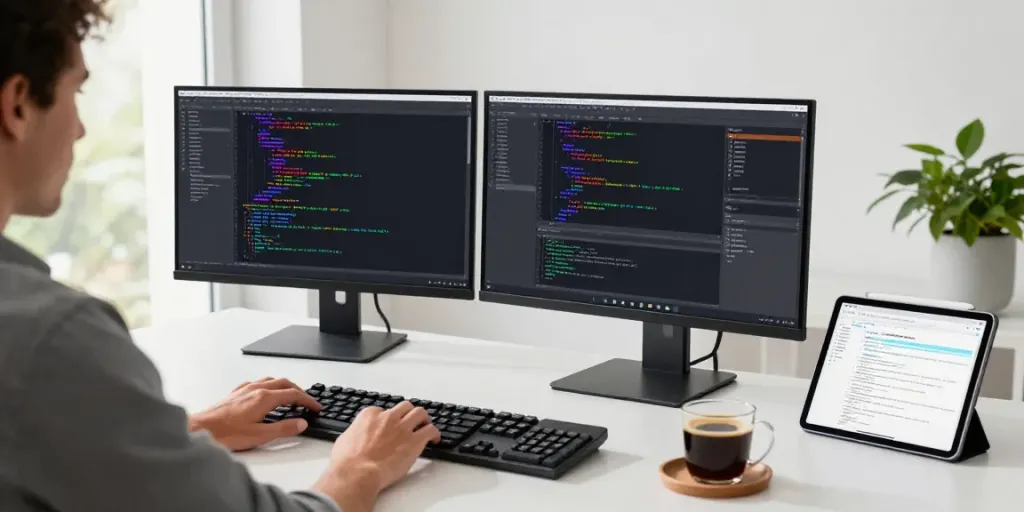 Developer coding with Notepad++ on dual monitors at a stylish workspace.