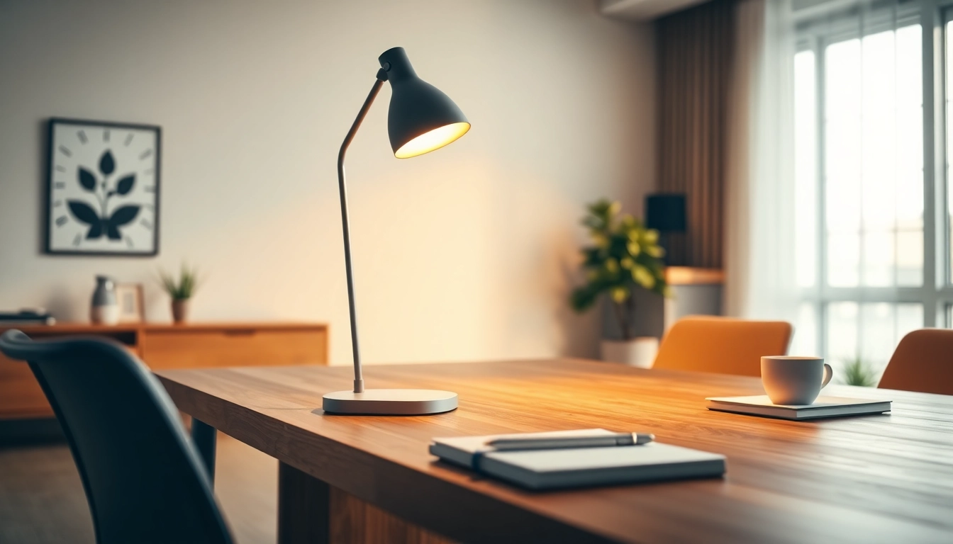 Showcasing ELC Lamps Online with a sleek design and warm lighting in a modern office.