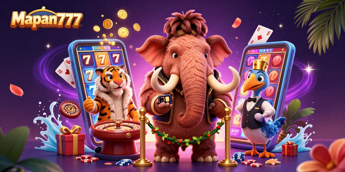 Interact with Mapan777's energetic casino scene featuring colorful slot games, wild characters, and rich details.