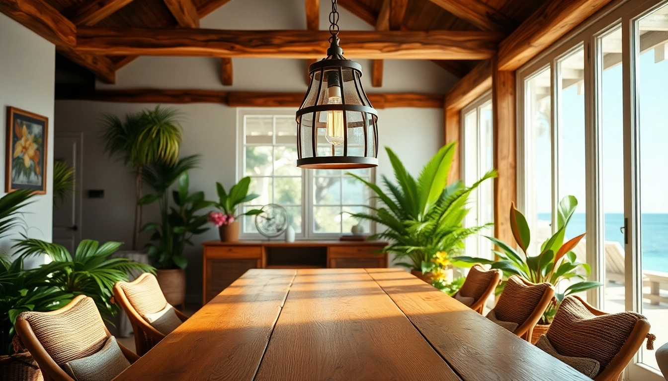 Bright island light illuminating a rustic dining space with tropical decor.