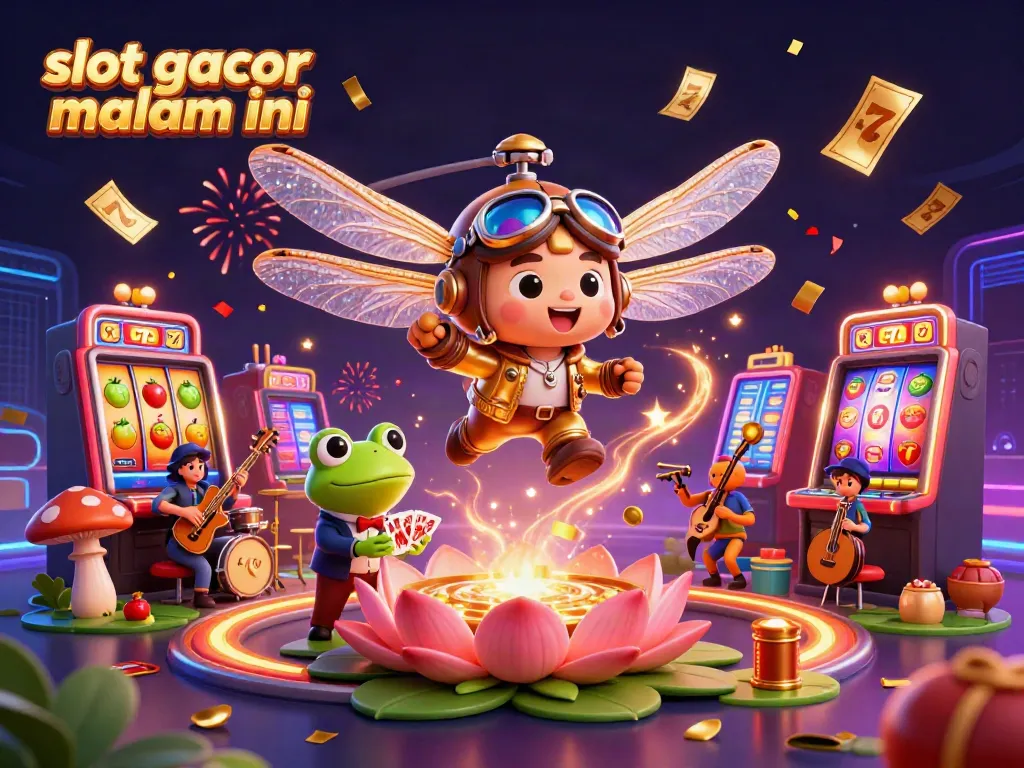 Gambar slot gacor malam ini dengan helikopter capung memimpin, mengelilingi kasino ditambah elemen permainan slot yang cerah.
