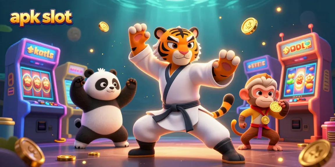 Engage with apk slot games featuring vibrant 3D illustration of a kung fu tiger and a playful monkey.