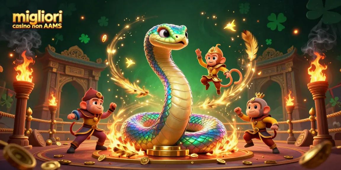 Migliori casino non AAMS: vive azioni entusiasmanti in un'illustrazione 3D di un serpente arcobaleno e un re scimmia.