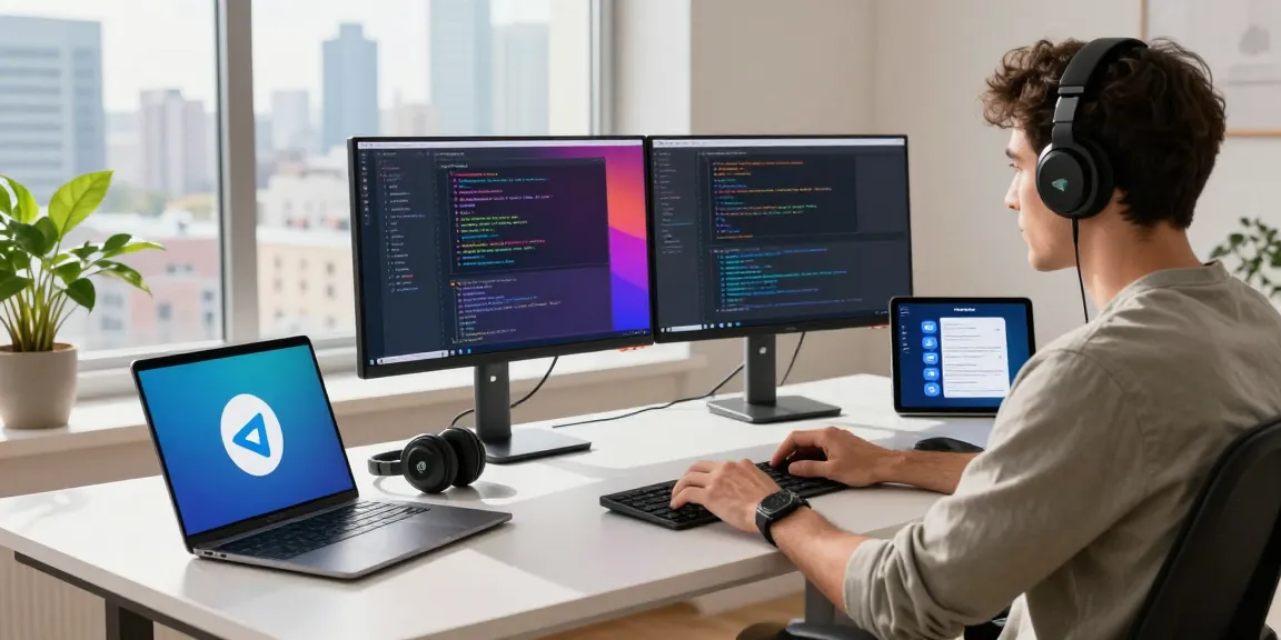 Developer coding on Telegram中文版 in a modern workspace