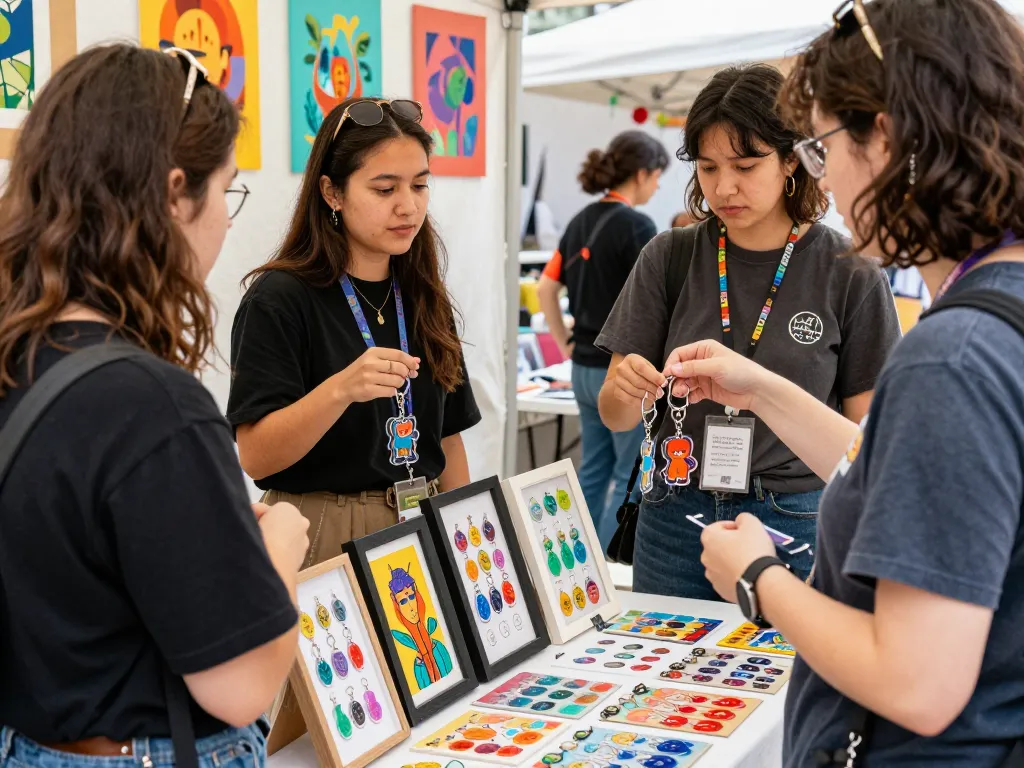 Custom clear acrylic keychains displayed at a colorful outdoor market by artists showcasing vibrant designs.