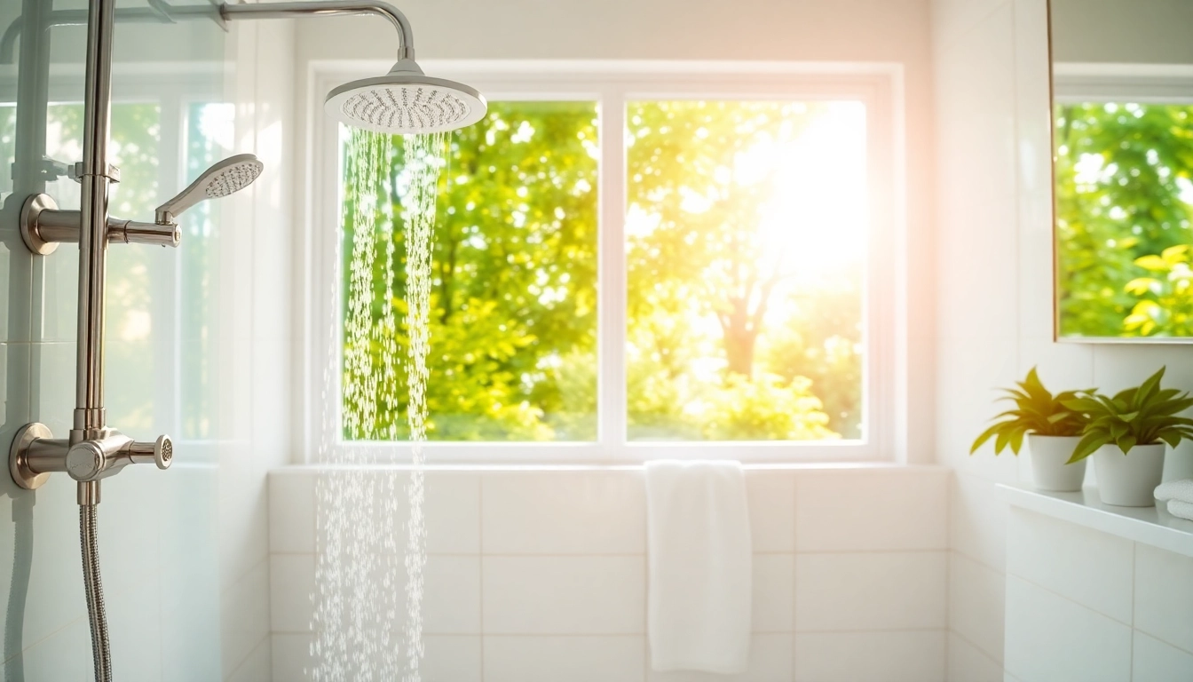 A sunny shower usa inc setup in a beautifully illuminated bathroom with elegant fixtures.