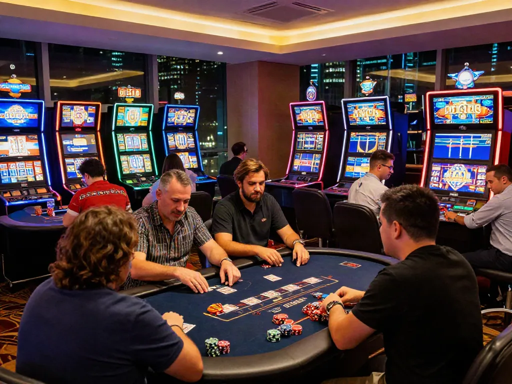 Players enjoying diverse table games at credit card casino sites in a lively atmosphere.