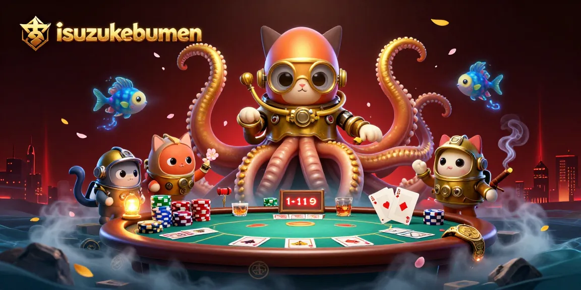 Engage with the thrilling isuzukebumen poker scene featuring a kraken and diving cat.