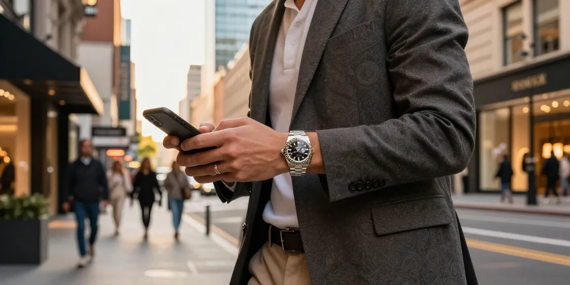 Stylish individual showcasing a rolex replica watch in an urban setting.