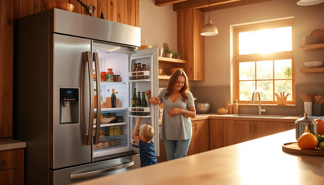 Freezer being organized by a family in a bright, modern kitchen setting.