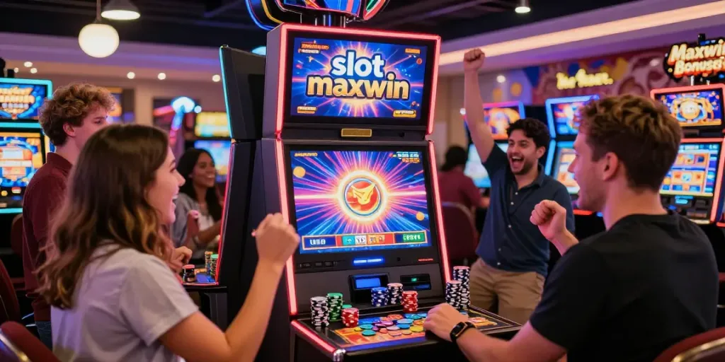 Excited player at a slot machine focusing on the slot maxwin win, surrounded by coins and vibrant casino atmosphere.
