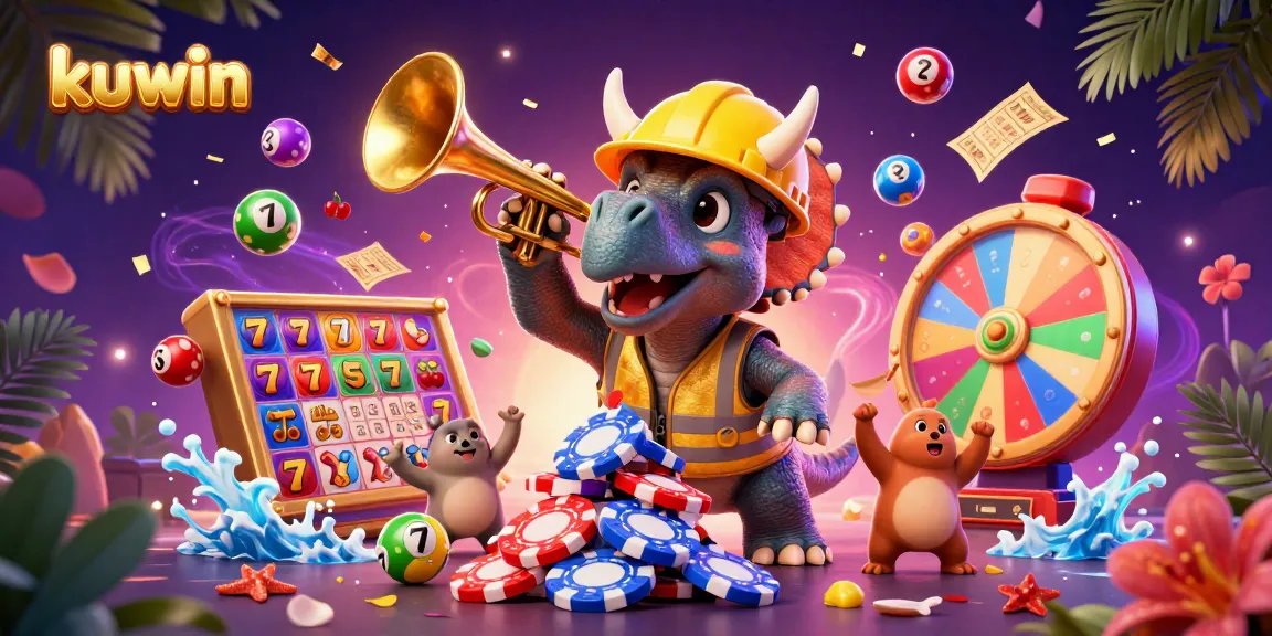 Kuwin promotes excitement in gambling with cartoon dinosaurs building poker chip pyramids, celebrating wins.