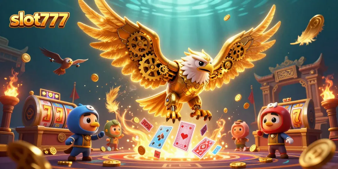Win big with slot777 as a golden eagle dives through dazzling casino games and holographic cards in 3D.