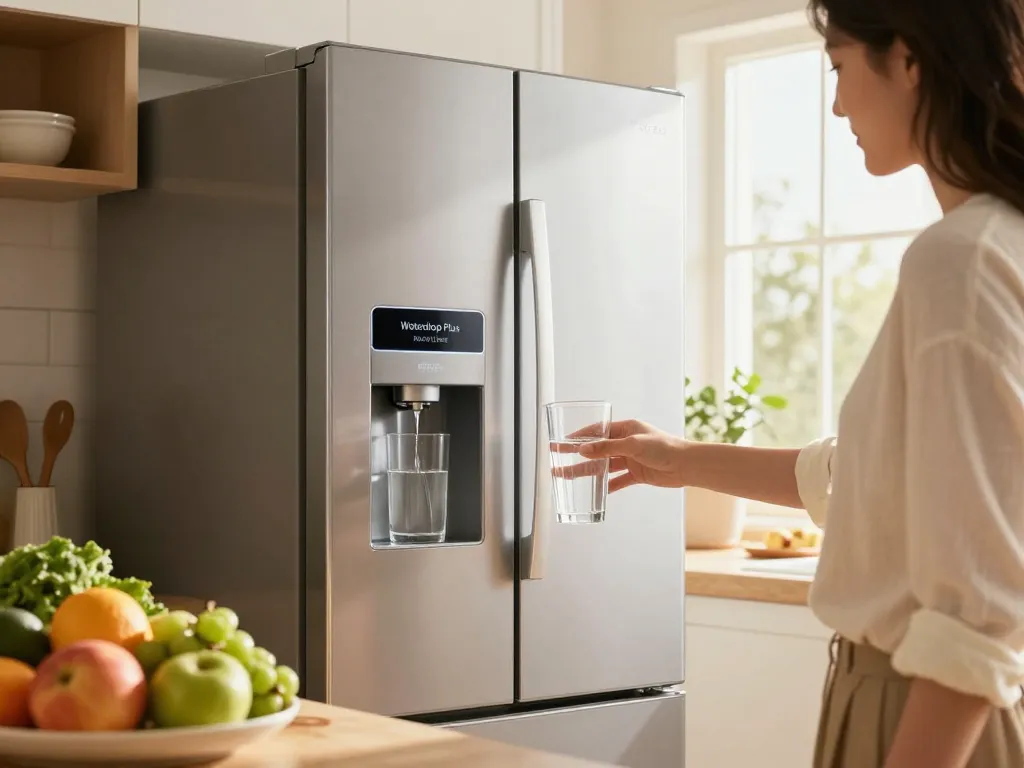 Waterdrop Plus RPWF Refrigerator Water Filter used in a modern kitchen for pure drinking water