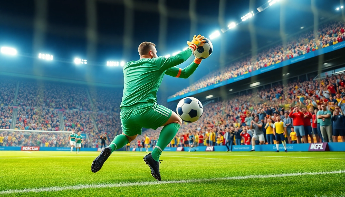Goalkeeper making a stunning save during an exhilarating soccer match with ตารางบอล วันนี้ displayed.