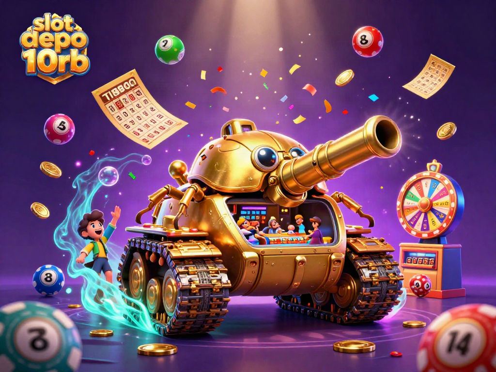 Engage with slot depo 10rb in this vibrant 3D casino illustration showcasing a miniature casino and colorful game elements.