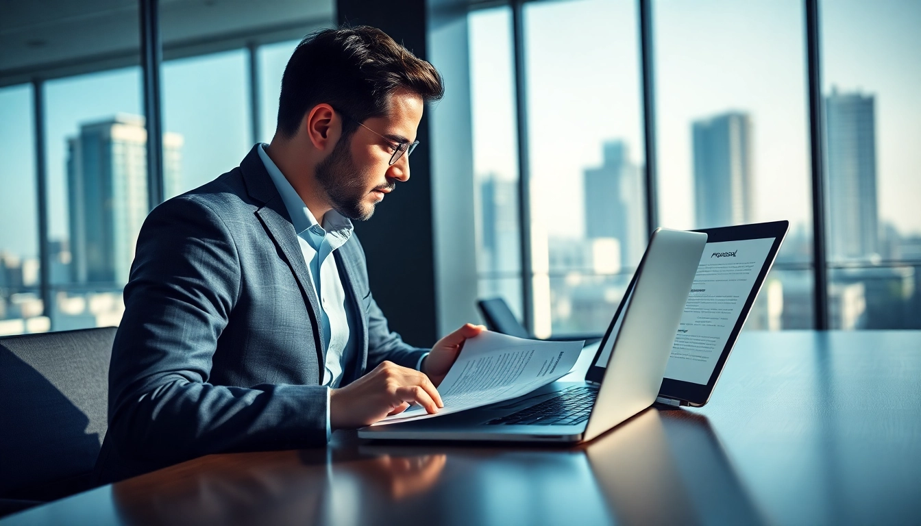 Focused professional engaged in Proposal Writing and Management tasks in a bright office.