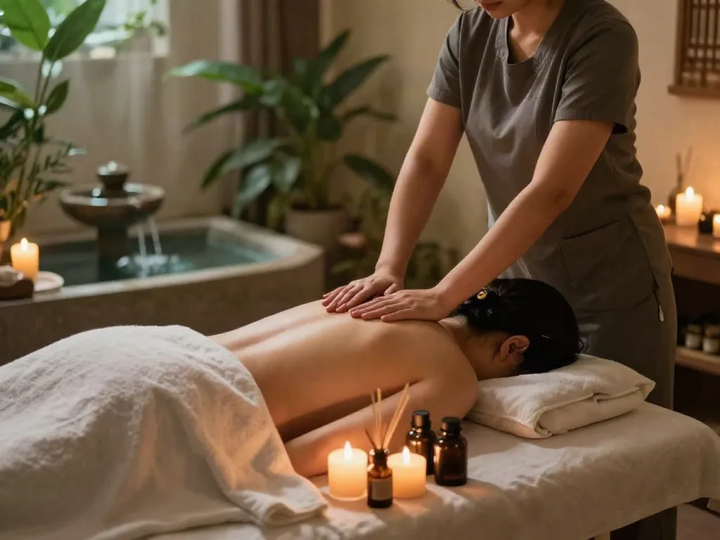 Relaxing 방이동출장마사지 in a tranquil spa setting, soothing ambiance with candles and plants.