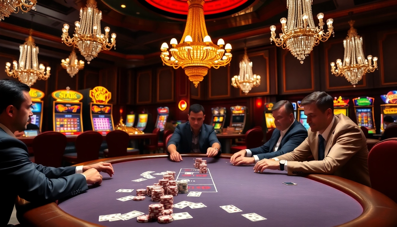 Engaged players in the b52 club explore high-stakes poker at an elegant casino table.