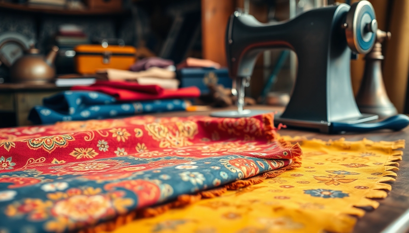 Verken decoratieve stof met prachtige patronen en kleuren op een vintage naaitafel.