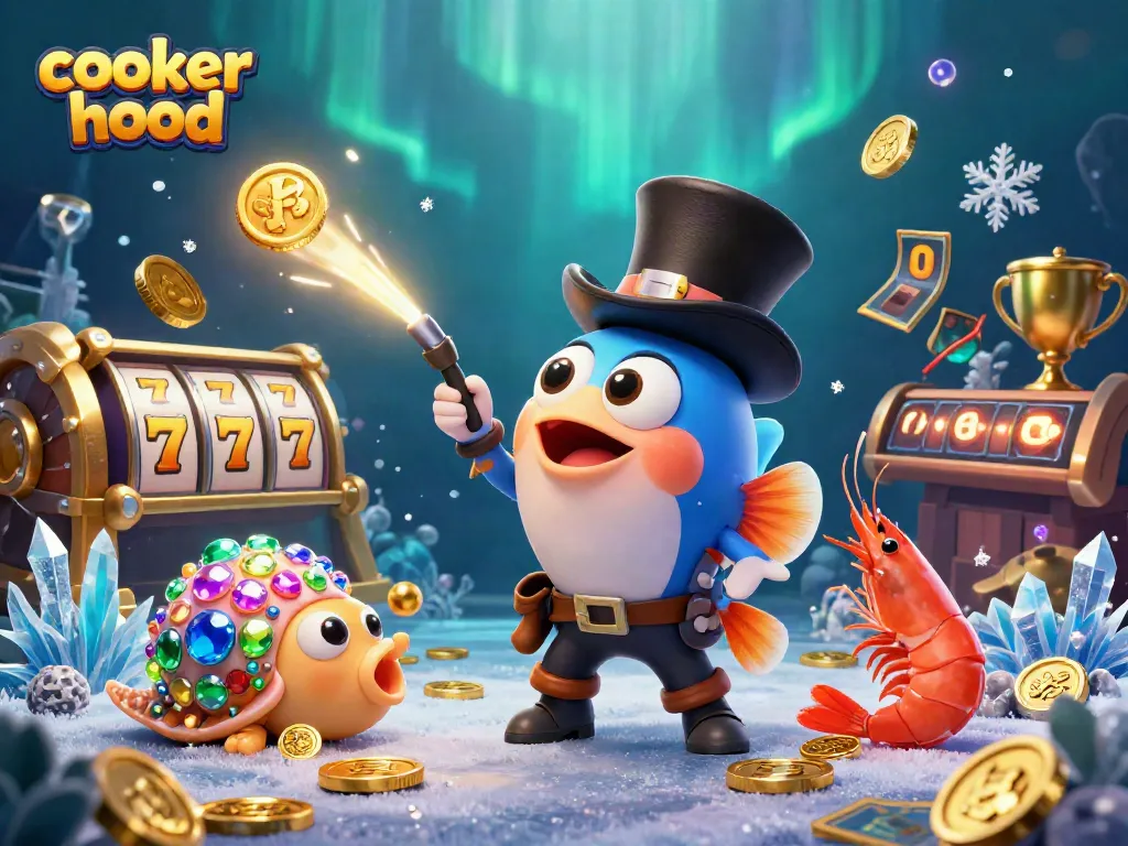 Engage in exciting gameplay with a cooker hood-themed 3D casino illustration featuring animated characters and gambling elements.