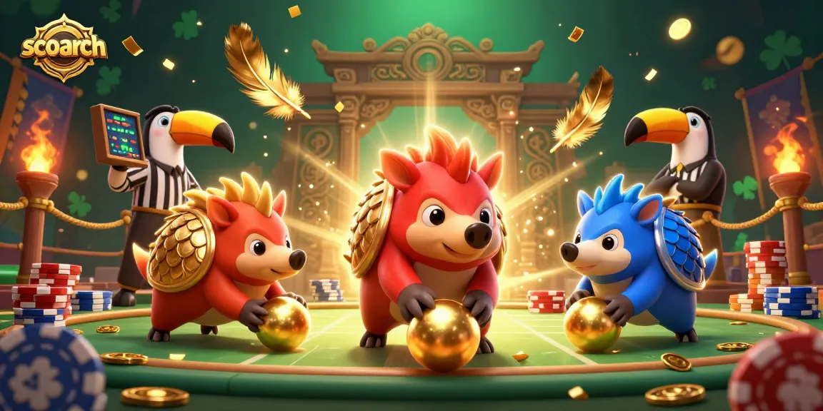 Experience thrilling gameplay at scoarch with animated pangolins bowling through poker chips in a vibrant casino.