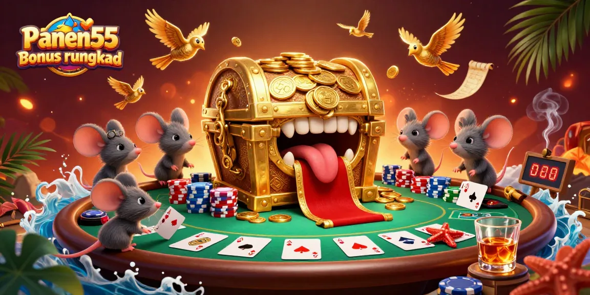 Experience the thrill of Panen55 Bonus rungkad with a vibrant 3D casino scene featuring adventurous mice.
