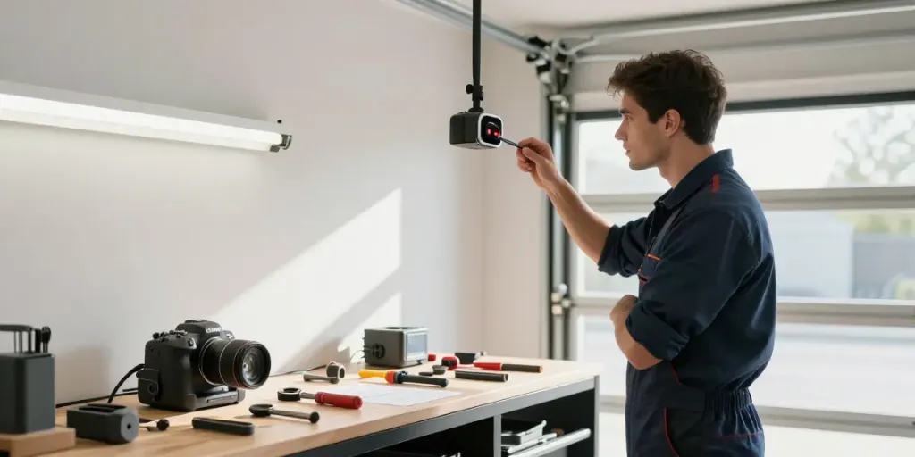 Garage door sensor repair in a modern garage setting with technician inspecting equipment.
