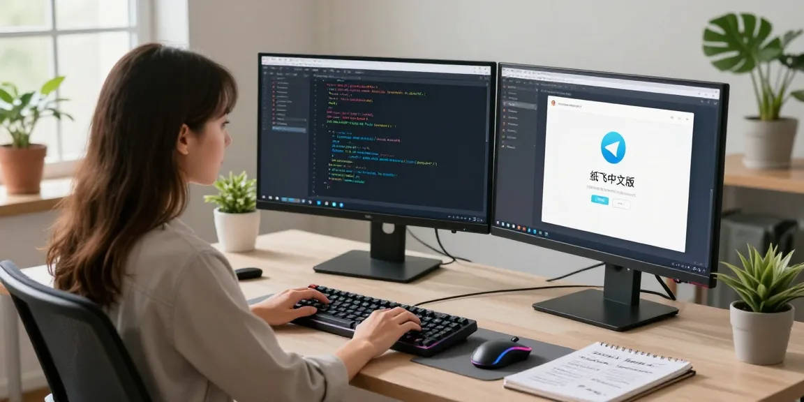 Creative tech workspace with a woman coding on dual monitors featuring 纸飞机中文版.