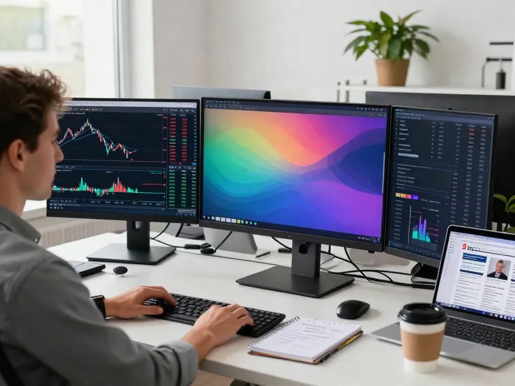 Trader using TradingView to analyze stocks and market data in a bright office.