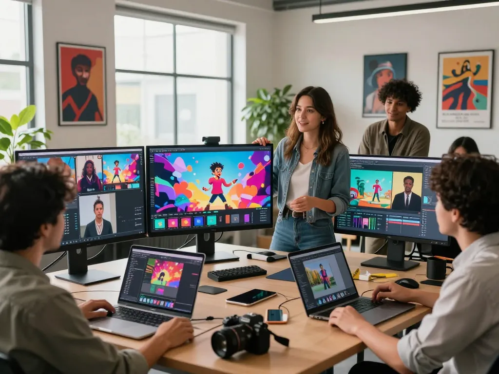 Team collaborating with ai seedance 2.0 in a modern creative workspace, showcasing vibrant video projects and dynamic storytelling.