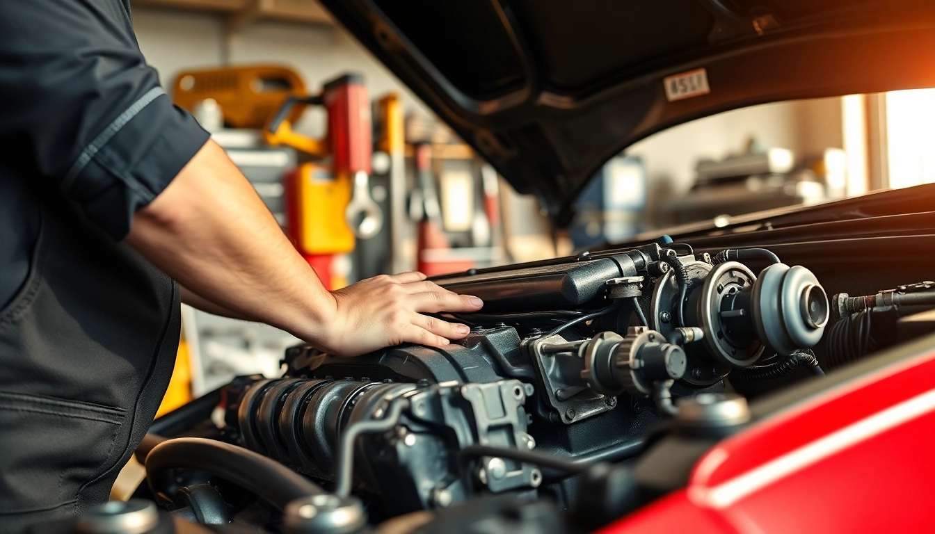 Mechanic examining Approved Engines in a bright, professional garage workspace.