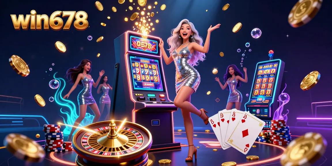 Win678 showcases an exciting jackpot celebration with glamorous casino gaming elements