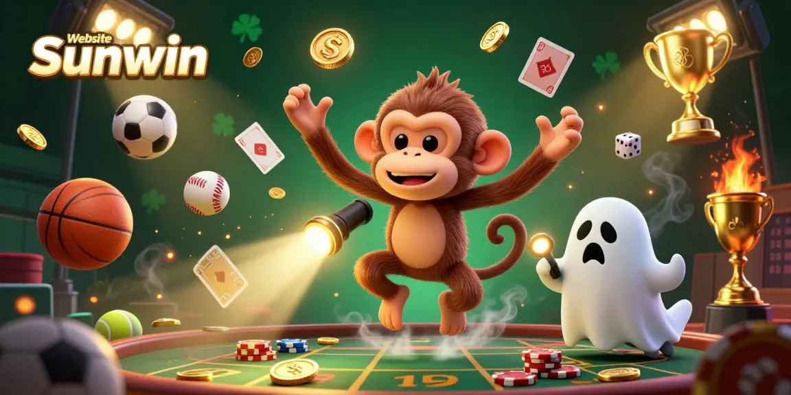 Engage with Website Sunwin’s exciting haunted casino scene featuring a poltergeist monkey and sports elements.