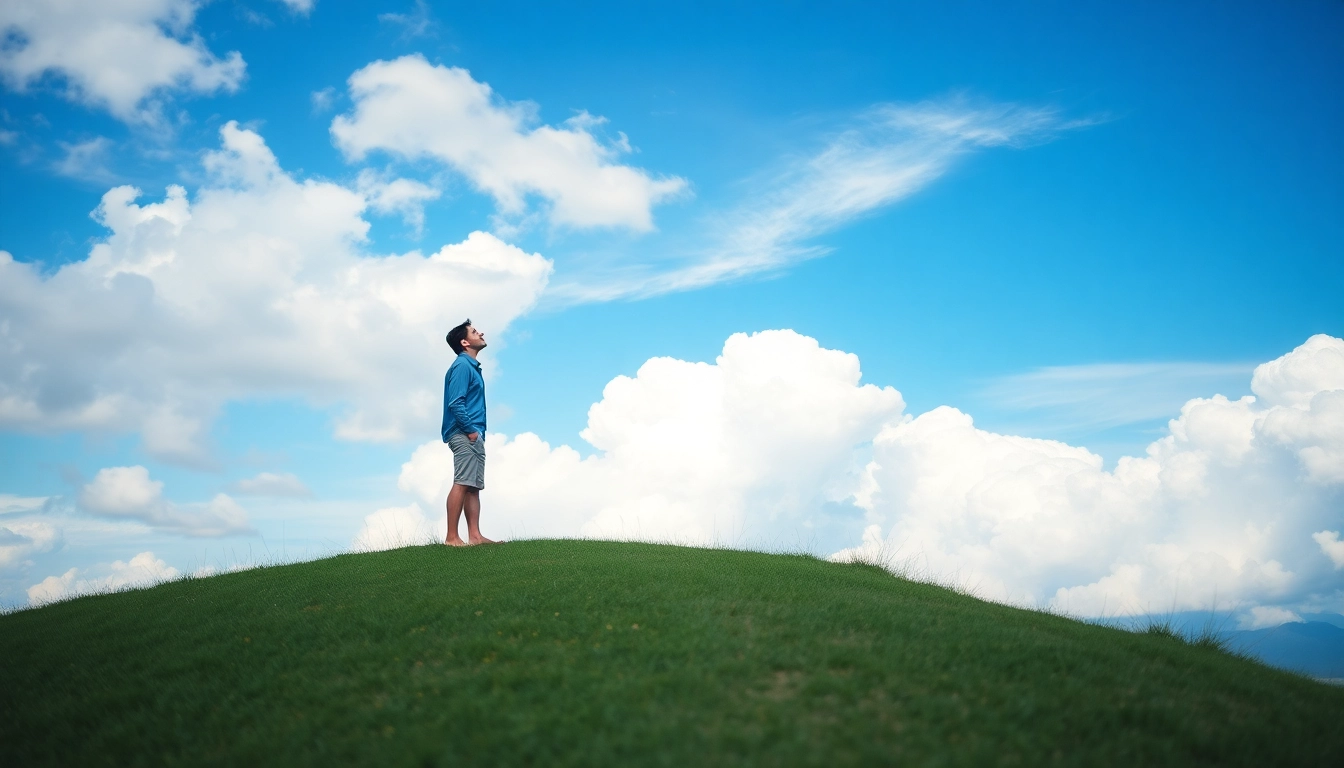 Person experiencing the sensation of Walking on Clouds in a lush, serene landscape.