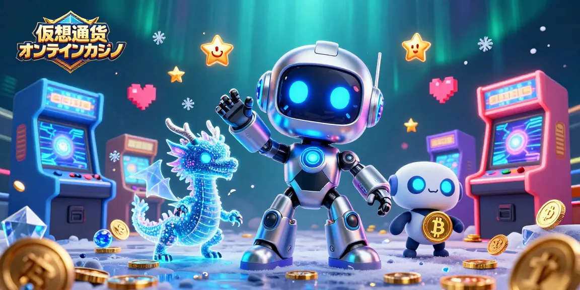 仮想通貨オンラインカジノの3Dイラスト、未来的なロボットとAIドラゴンが登場