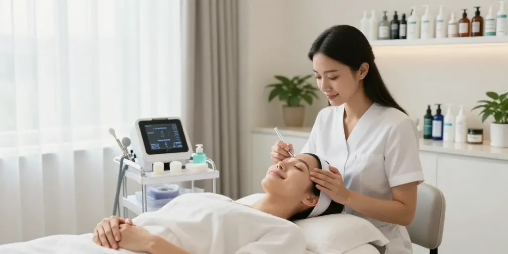CCeye® treatment for Augenringe wegbekommen in a bright beauty salon with aesthetician and relaxing atmosphere.