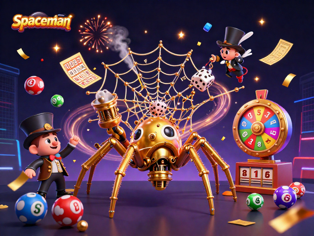 Engage in excitement with the spaceman theme as a steampunk spider spins a web of luck amidst vibrant lottery elements.