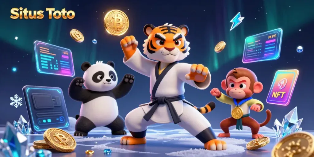 Situs Toto menampilkan ilustrasi 3D kung fu dengan karakter lucu dalam aksi meraih medali emas di dunia kasino