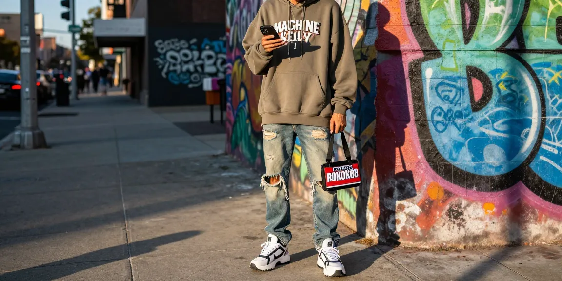 Stylish urban scene featuring modern ROKOK88 merchandise with Machine Gun Kelly branding.