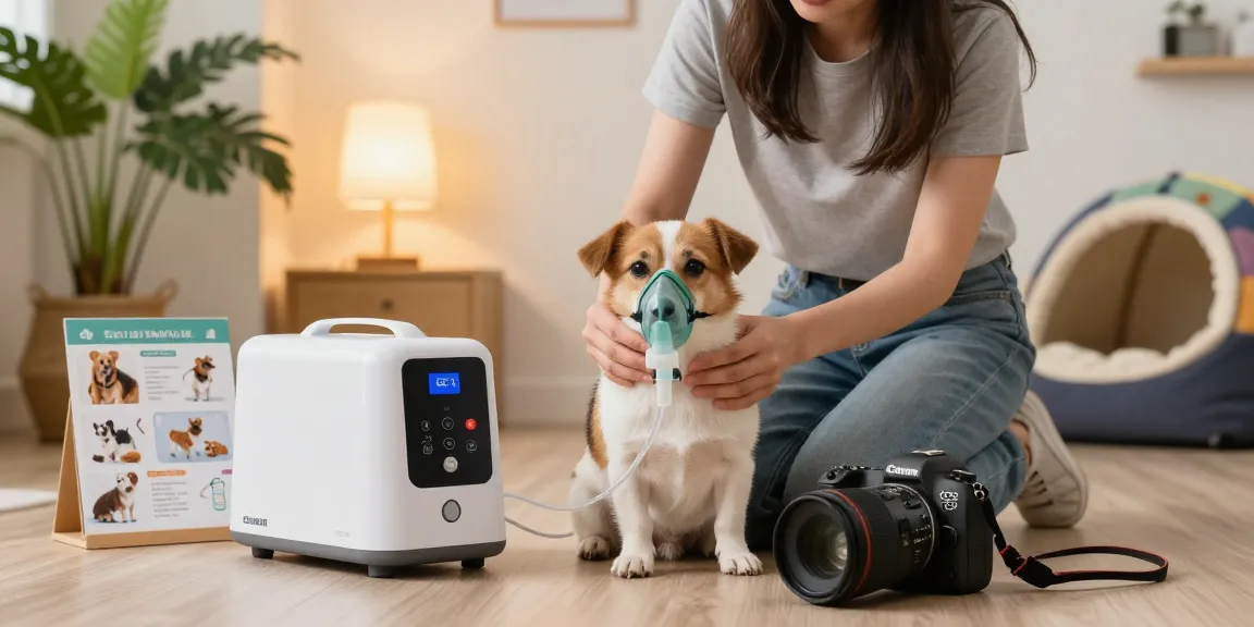 Pet owner demonstrating 寵物氧氣機租借收費 with dog, highlighting comfort and care in home.