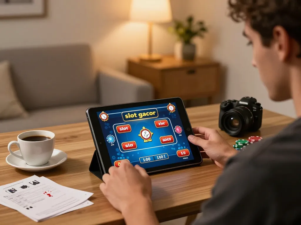 Engaged player highlighting a slot gacor game on a tablet during an online session.