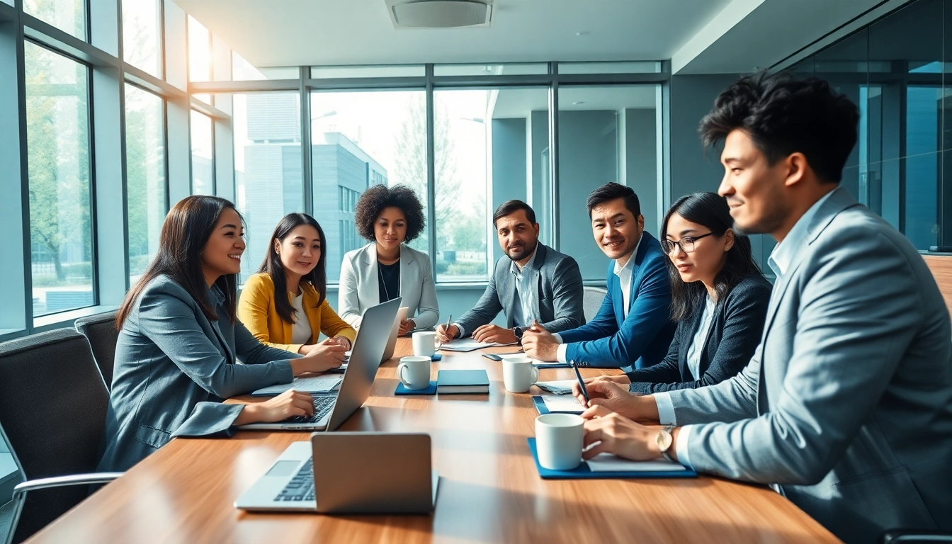 Dynamic business meeting scene illustrating 출장 with diverse professionals collaborating.