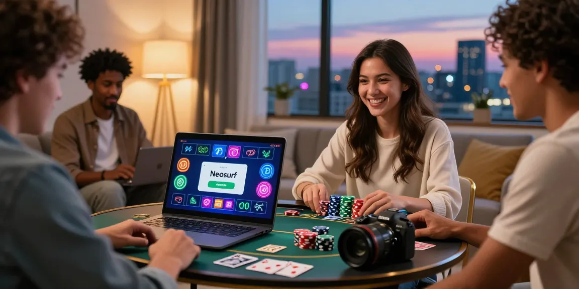 Scène de casino en ligne captivante montrant des joueurs utilisant le casino en ligne neosurf pour leurs jeux, atmosphère vibrante avec des jetons et un croupier en direct.