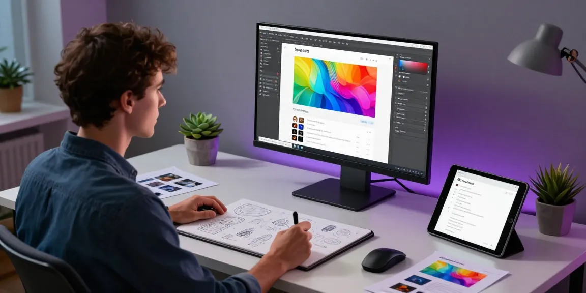 Designer using image to prompt tool at a modern workstation with AI-generated visuals and creative prompts.