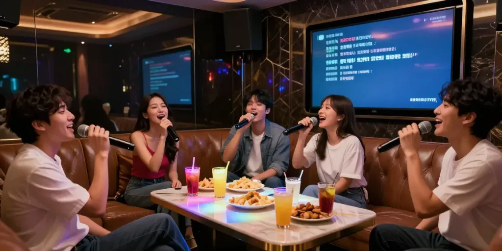 강남 구구단에서 친구들과 함께 노래를 부르며 즐거운 시간을 보내는 모습