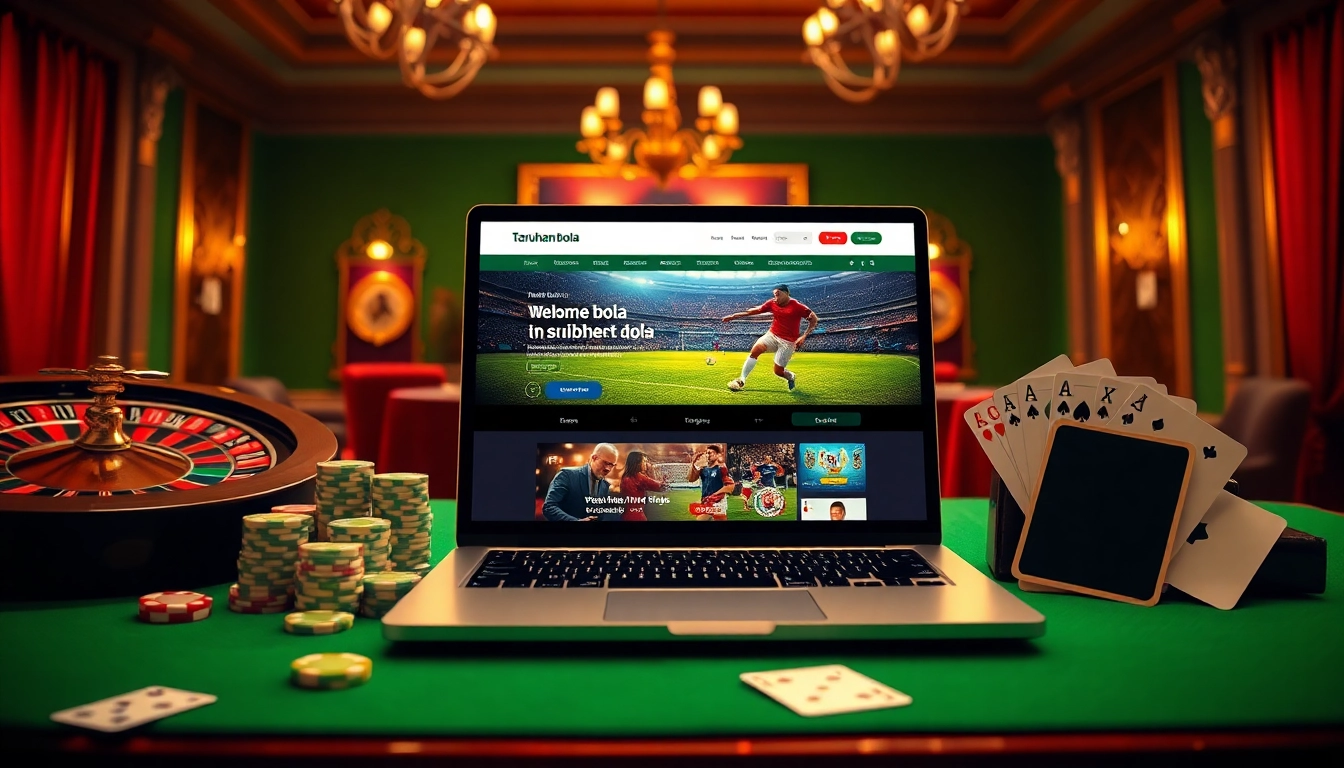 Engage in Taruhan bola with a captivating online gambling setup featuring poker chips and a laptop.