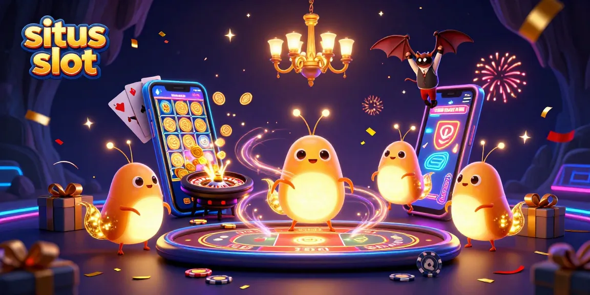 Enjoy exciting gameplay on situs slot with 3D cartoon glowworms lighting up a vibrant casino scene.